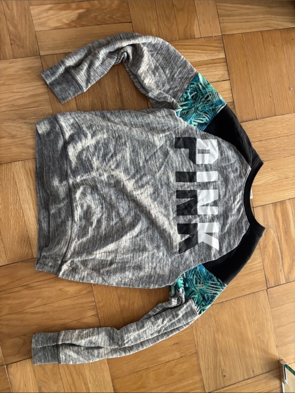 Victoria's Secret PINK Gray Sweatshirt with Teal-Print Sleeve Panels